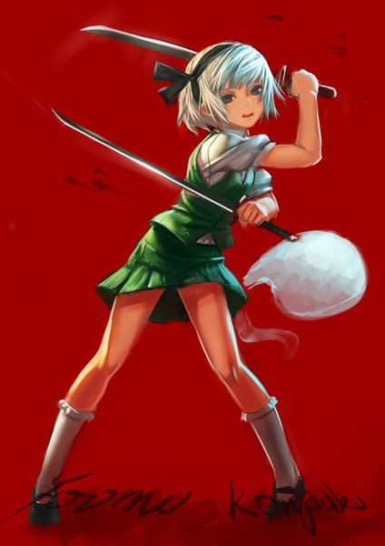 Anime picture 1240x1754 with touhou konpaku youmu myon yoi yuki tall image looking at viewer short hair open mouth blue eyes holding silver hair inscription legs red background fighting stance ghost dual wielding girl skirt weapon