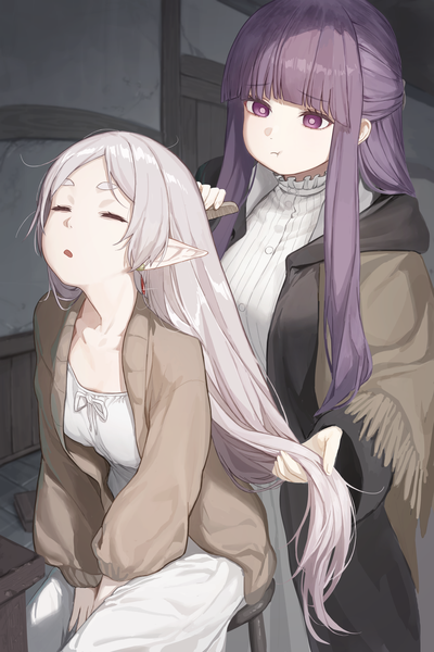 Anime picture 2716x4071 with sousou no frieren frieren fern (sousou no frieren) marse (rokudaime) long hair tall image fringe highres standing sitting purple eyes multiple girls silver hair purple hair indoors blunt bangs eyes closed pointy ears eyebrows elf