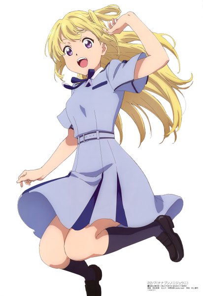 Anime picture 4092x5949 with 22/7 a-1 pictures megami magazine fujima sakura tamura satomi single long hair tall image looking at viewer fringe highres open mouth simple background blonde hair smile white background purple eyes payot absurdres full body