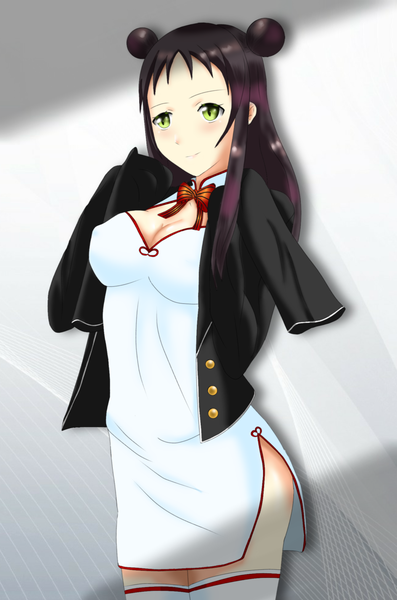 Anime picture 1340x2024 with kishuku gakkou no juliet lidenfilms wang teria kristi palmer31 single long hair tall image blush fringe light erotic black hair simple background standing white background green eyes looking away cleavage long sleeves multicolored hair light smile