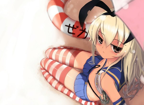 Anime picture 1828x1333 with kantai collection shimakaze destroyer zenix single long hair looking at viewer highres breasts blonde hair sitting brown eyes from above sunlight flat chest :< girl thighhighs skirt ribbon (ribbons) hair ribbon