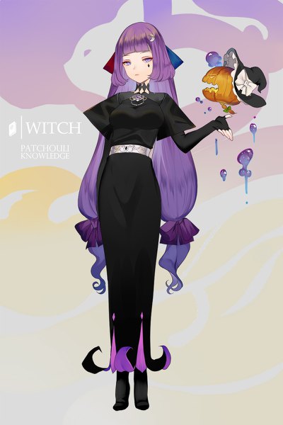 Anime picture 800x1200 with touhou kirisame marisa patchouli knowledge hillly (maiwetea) single tall image looking at viewer fringe twintails purple eyes purple hair full body blunt bangs very long hair alternate costume character names low twintails outstretched arm girl dress