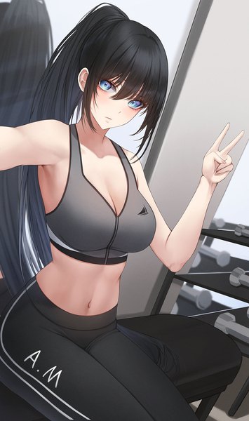 Anime picture 1394x2353 with original ame 816 single long hair tall image looking at viewer fringe breasts blue eyes black hair hair between eyes large breasts sitting payot cleavage ponytail indoors victory reflection self shot