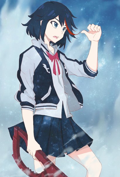 Anime picture 794x1163 with kill la kill studio trigger matoi ryuuko bluesora single tall image open mouth blue eyes black hair red hair multicolored hair open clothes open jacket two-tone hair streaked hair pointing twisty sleeves girl skirt weapon