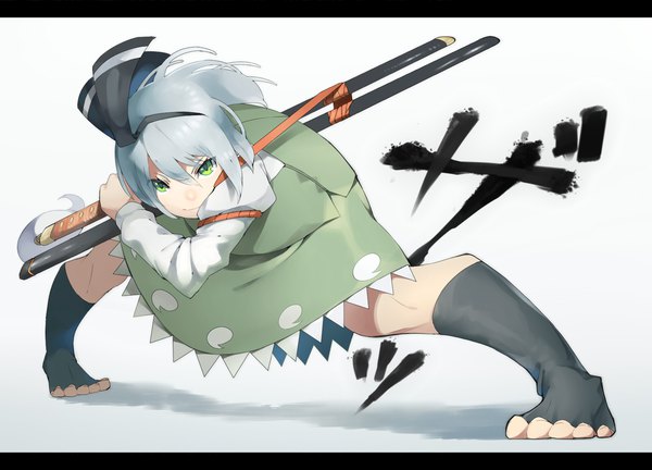 Anime picture 1600x1152 with touhou konpaku youmu sofa (enogunomu) single looking at viewer short hair white background holding green eyes silver hair long sleeves no shoes letterboxed fighting stance sheathed ready to draw bad anatomy girl skirt ribbon (ribbons)