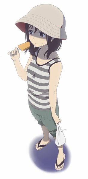 Anime picture 442x900 with original mattaku mousuke single long hair tall image fringe black hair simple background standing white background looking away from above black eyes shadow sweat striped eating girl hat food