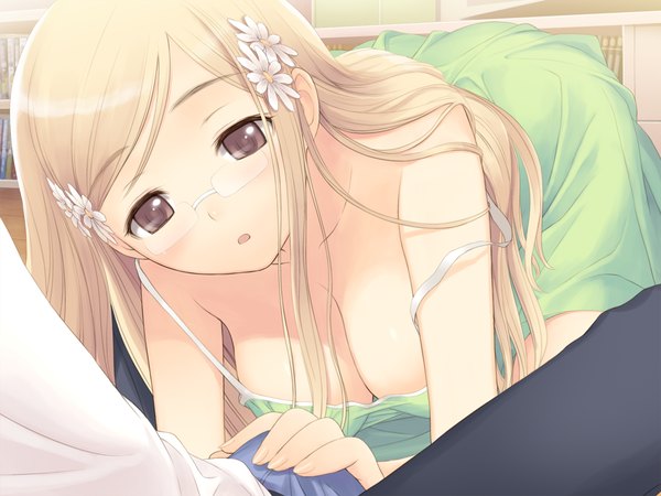 Anime picture 1024x768 with fault!! hayama rika tony taka long hair breasts light erotic blonde hair large breasts brown eyes game cg girl glasses