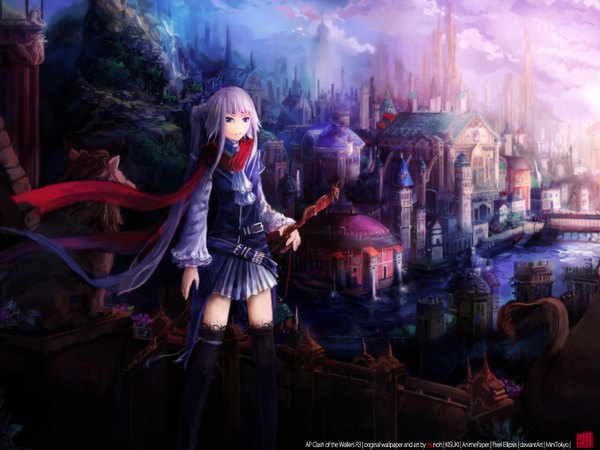 Anime picture 1600x1200 with original tsunoh long hair looking at viewer blue eyes ponytail very long hair wallpaper cityscape scenic river girl thighhighs dress weapon black thighhighs sword water short dress staff