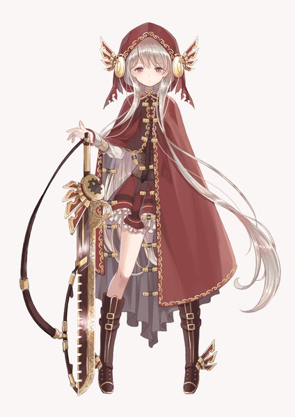 Anime picture 768x1087 with original oro ponzu single tall image looking at viewer fringe simple background red eyes standing silver hair full body very long hair grey background girl skirt weapon sword hood cloak knee boots