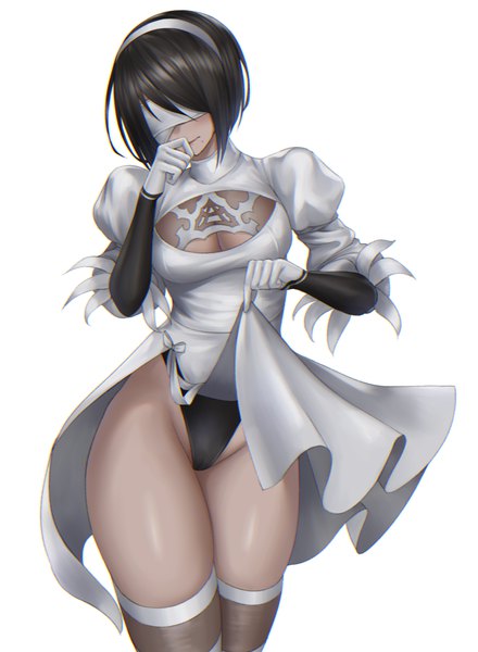Anime picture 1540x2100 with nier nier:automata soulcalibur yorha no. 2 type b nyatokanyaru single tall image short hair breasts light erotic black hair simple background large breasts white background cleavage long sleeves mole puffy sleeves thighs dark skin