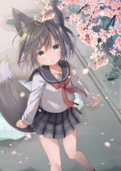 Anime picture 2026x2865 with original mamemochi single tall image looking at viewer blush fringe highres short hair hair between eyes standing green eyes animal ears outdoors tail long sleeves animal tail pleated skirt from above wind