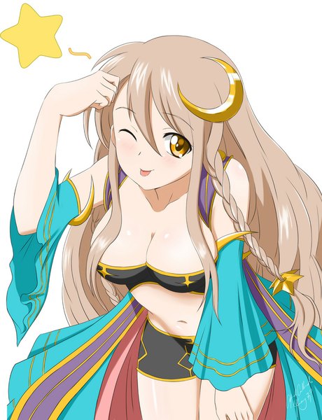 Anime picture 800x1043 with brave frontier (game) lucana kimmy77 single long hair tall image blush breasts light erotic simple background smile brown hair white background yellow eyes braid (braids) traditional clothes one eye closed wink leaning leaning forward