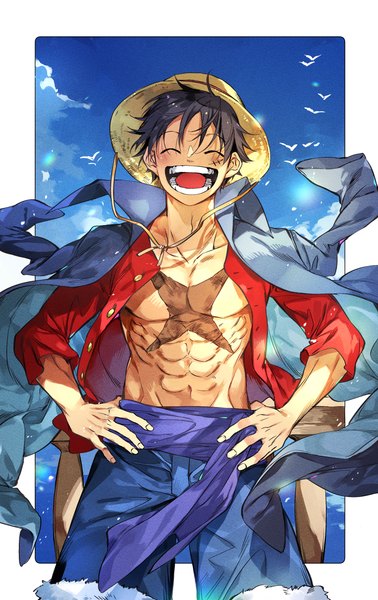 Anime picture 2711x4303 with one piece toei animation monkey d. luffy oboro keisuke single tall image blush fringe highres short hair open mouth black hair smile hair between eyes standing sky cloud (clouds) outdoors eyes closed wind