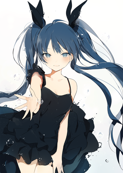 Anime picture 700x988 with vocaloid shinkai shoujo (vocaloid) hatsune miku lpip single long hair tall image looking at viewer blush fringe breasts blue eyes simple background smile standing white background twintails bare shoulders blue hair upper body