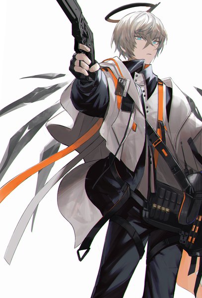 Anime picture 1214x1791 with arknights executor (arknights) hayama eishi single tall image fringe short hair blue eyes simple background hair between eyes standing white background grey hair expressionless boy weapon gun halo pistol