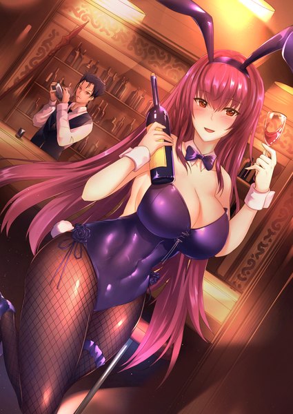 Anime picture 724x1023 with fate (series) fate/grand order scathach (fate) (all) scathach (fate) cu chulainn (fate) scathach (piercing bunny) (fate) cu chulainn (fate/grand order) antiqq long hair tall image looking at viewer blush fringe short hair breasts open mouth light erotic smile hair between eyes red eyes
