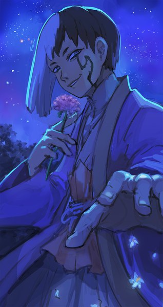 Anime picture 478x900 with dr. stone asagiri gen fon-due (fonfon) single tall image looking at viewer short hair black hair smile standing outdoors white hair multicolored hair night two-tone hair night sky outstretched hand boy flower (flowers) star (stars)