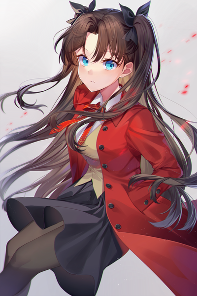 Anime picture 1653x2480 with fate (series) fate/stay night toosaka rin ion (on01e) single long hair tall image blue eyes simple background brown hair looking away grey background two side up hands in pockets girl skirt pantyhose black pantyhose black skirt coat