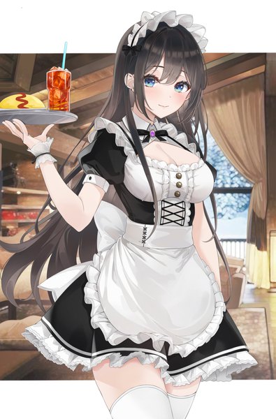 Anime picture 2698x4096 with original lebring single long hair tall image looking at viewer blush fringe highres breasts blue eyes black hair large breasts standing holding cleavage indoors arm up short sleeves maid