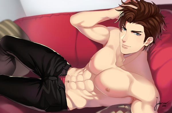 Anime picture 900x591 with fujoshi trapped in a seme's perfect body kenji kyouya theyaoiarmy single looking at viewer short hair blue eyes light erotic brown hair signed adjusting hair topless reclining muscle abs 2016 shirtless open pants open fly boy