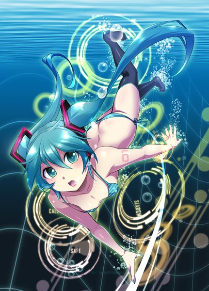 Anime picture 926x1288 with vocaloid hatsune miku caffein single tall image looking at viewer breasts open mouth light erotic twintails very long hair aqua eyes aqua hair underwater girl swimsuit bikini headphones thigh boots bubble (bubbles)