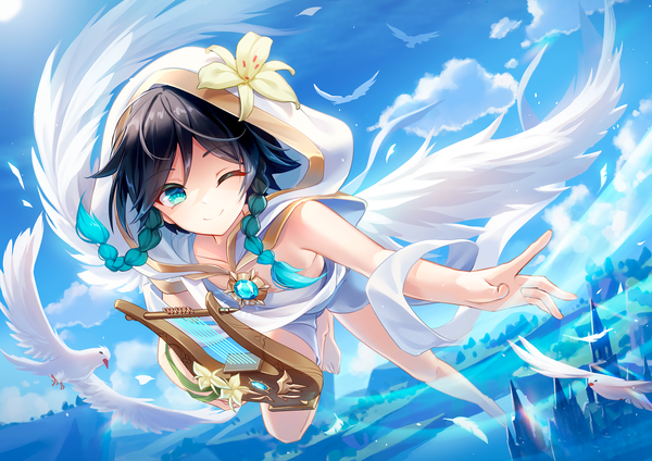 Anime picture 1920x1357 with genshin impact venti (genshin impact) venti (archon) (genshin impact) lalazyt single looking at viewer highres short hair black hair smile sky cloud (clouds) full body braid (braids) one eye closed multicolored hair aqua eyes two-tone hair twin braids flying