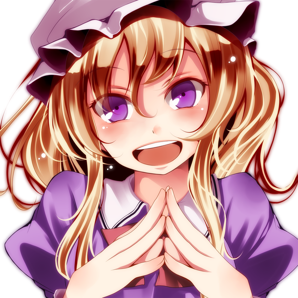 Anime picture 1700x1700 with touhou maribel hearn s-syogo single long hair looking at viewer blush open mouth blonde hair white background purple eyes girl dress bonnet