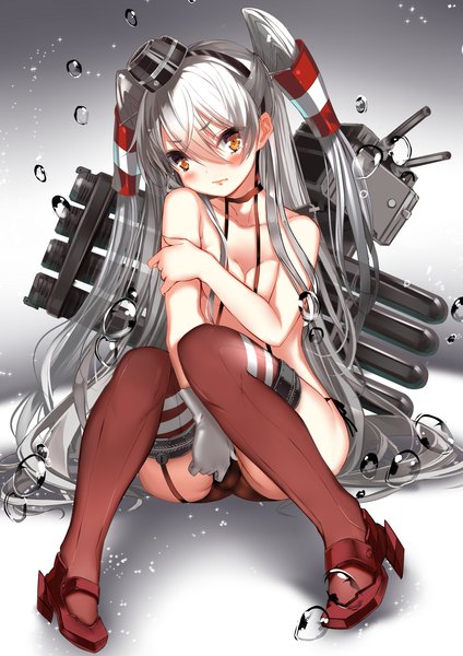 Anime picture 1000x1414 with kantai collection amatsukaze destroyer rensouhou-kun karlwolf single long hair tall image looking at viewer blush light erotic sitting brown eyes silver hair two side up underwater covering partial nude covering breasts covering crotch girl