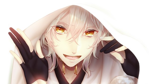Anime picture 1414x800 with touken ranbu nitroplus tsurumaru kuninaga nipponia nippon single looking at viewer short hair open mouth simple background wide image white background yellow eyes white hair face boy gloves black gloves partly fingerless gloves