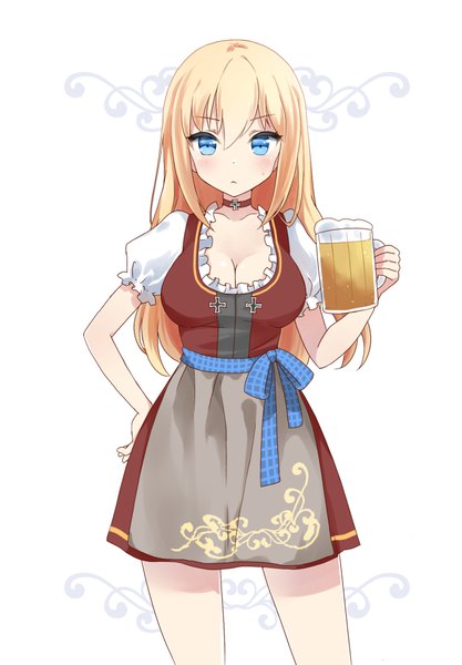 Anime picture 696x1000 with kantai collection bismarck battleship kaetzchen single long hair tall image looking at viewer blush fringe breasts blue eyes simple background blonde hair hair between eyes large breasts standing white background holding traditional clothes short sleeves