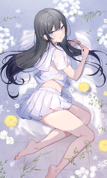 Anime picture 2142x3538 with original ikomochi single long hair tall image looking at viewer blush fringe highres light erotic black hair purple eyes full body bent knee (knees) lying pleated skirt barefoot from above :o short sleeves