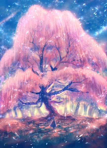 Anime picture 1693x2345 with original bounin single long hair tall image blue hair sky from behind cherry blossoms landscape spring girl plant (plants) tree (trees)