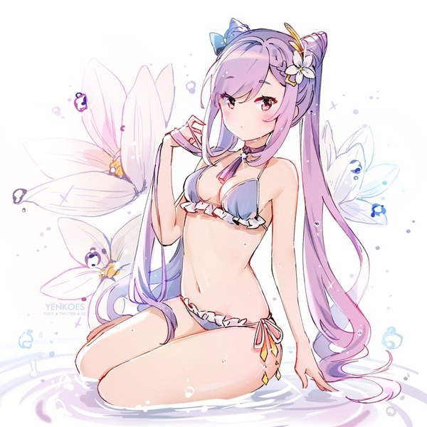 Anime picture 850x850 with genshin impact keqing (genshin impact) yenkoes single long hair looking at viewer blush fringe breasts light erotic simple background white background sitting twintails signed payot purple hair full body hair flower hair bun (hair buns)