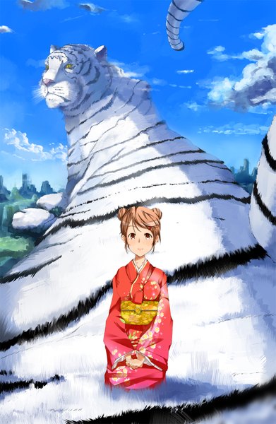 Anime picture 1063x1630 with original ryouma (galley) tall image blush short hair brown hair brown eyes sky cloud (clouds) japanese clothes light smile new year seiza girl hair ornament animal kimono hairclip tiger
