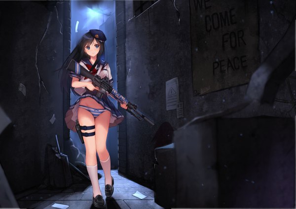 Anime picture 5846x4133 with original allenes single long hair looking at viewer blush highres blue eyes light erotic black hair absurdres outdoors wind night alley girl uniform underwear panties weapon