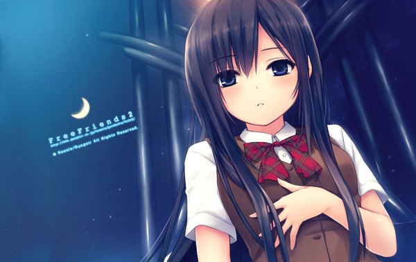 Anime picture 1900x1200 with free friends noesis (studio) shinozaki sumire coffee-kizoku single long hair blush highres blue eyes black hair wallpaper crescent girl serafuku bowtie moon