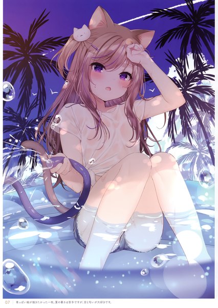 Anime picture 2099x2958 with original leo (mafuyu) mafuyu (chibi21) single long hair tall image looking at viewer blush fringe highres open mouth light erotic brown hair sitting purple eyes holding animal ears payot sky cloud (clouds)