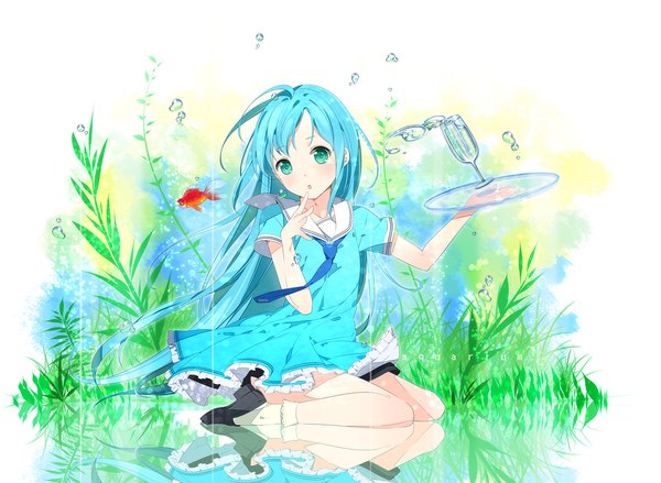 Anime picture 1200x878 with original ama mitsuki single long hair blush open mouth blue eyes blue hair underwater girl dress bubble (bubbles) fish (fishes) algae