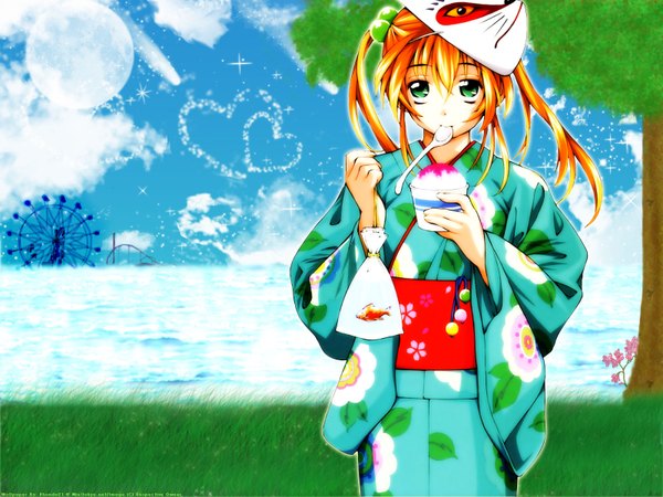 Anime picture 1600x1200 with ikkitousen sonsaku hakufu single looking at viewer fringe hair between eyes standing holding green eyes sky cloud (clouds) outdoors red hair traditional clothes japanese clothes wind horizon shooting star girl flower (flowers)