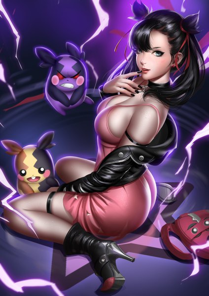 Anime picture 3182x4501 with pokemon pokemon (game) pokemon swsh nintendo marnie (pokemon) morpeko liang xing single long hair tall image looking at viewer fringe highres breasts open mouth light erotic black hair hair between eyes large breasts sitting