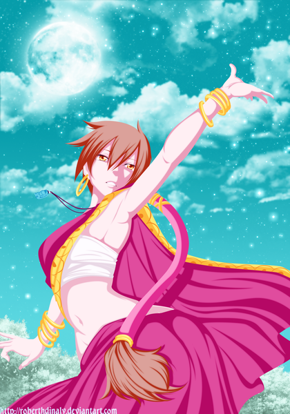Anime picture 1600x2286 with fairy tail eclair (fairy tail) dartroberth single long hair tall image light erotic brown hair yellow eyes cloud (clouds) ponytail armpit (armpits) midriff night sky coloring girl dress navel plant (plants) earrings