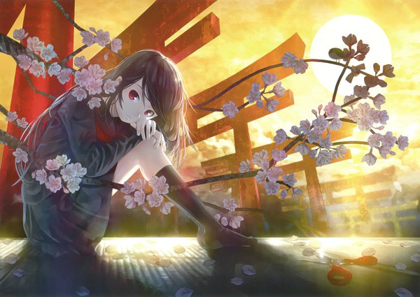 Anime picture 3000x2127 with original eshi 100-nin ten kei (keigarou) single long hair looking at viewer fringe highres black hair red eyes sitting sky full body bent knee (knees) outdoors sunlight scan shadow no shoes cherry blossoms