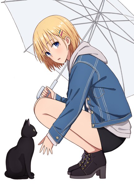 Anime picture 1193x1653 with original yahiro (epicopeiidae) single tall image looking at viewer fringe short hair open mouth blue eyes simple background blonde hair white background full body open jacket squat transparent umbrella denim girl animal shoes