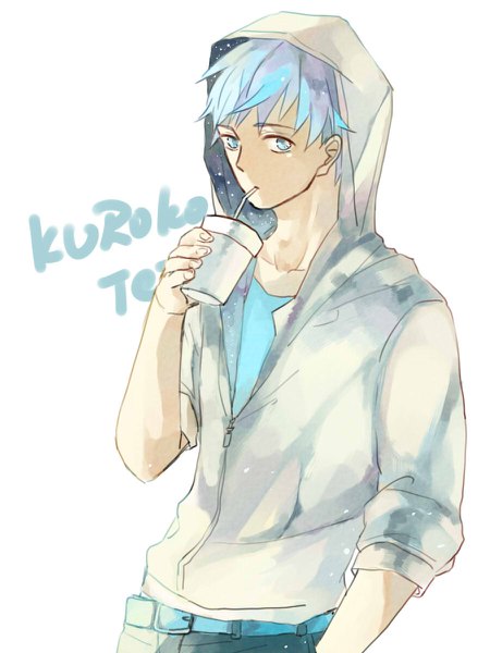 Anime picture 900x1200 with kuroko no basket production i.g kuroko tetsuya ekkoe single tall image looking at viewer short hair blue eyes white background blue hair inscription character names hand in pocket partially open clothes drinking boy jacket hood hoodie