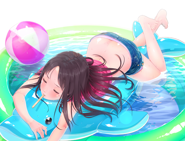 Anime picture 1000x765 with original ama mitsuki long hair blush light erotic black hair full body lying eyes closed barefoot partially submerged mouth hold on stomach girl water shorts short shorts ball pool beachball
