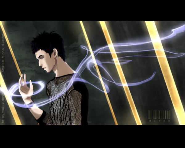 Anime picture 1280x1024 with shinee (group) minho yuki-k single short hair black hair simple background profile inscription light dark background letterboxed smoke boy wings bracelet