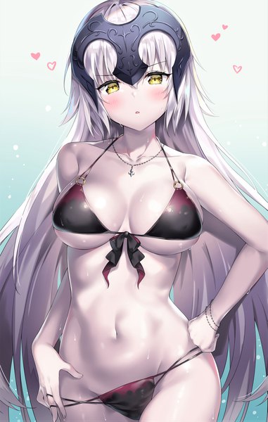 Anime picture 2517x3959 with fate (series) fate/grand order jeanne d'arc (fate) (all) jeanne d'arc alter (fate) ale nqki single long hair tall image looking at viewer blush fringe highres breasts light erotic simple background large breasts standing bare shoulders yellow eyes cleavage