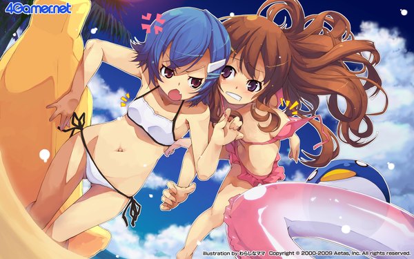 Anime picture 1680x1050 with original shina mama long hair blush short hair breasts open mouth light erotic red eyes brown hair wide image purple eyes multiple girls blue hair looking away sky cloud (clouds) teeth fang (fangs) summer