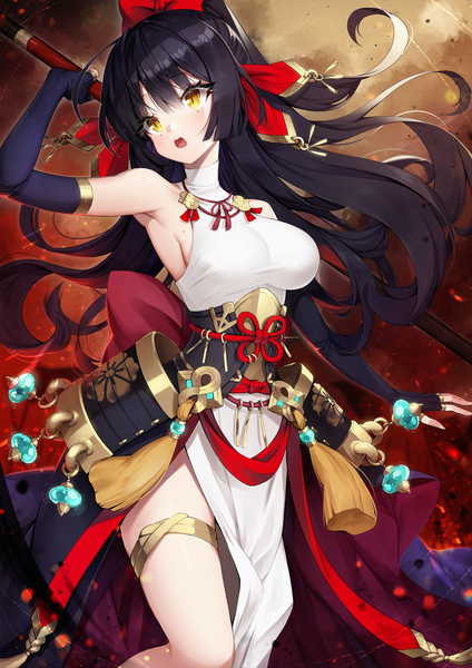 Anime picture 2050x2900 with sengoku fubu ango single long hair tall image blush fringe highres breasts open mouth light erotic black hair hair between eyes large breasts standing bare shoulders holding yellow eyes payot looking away