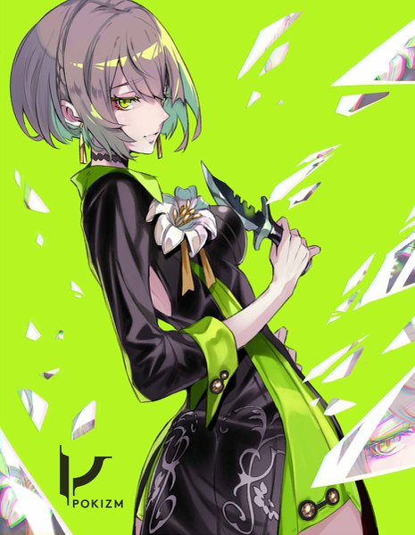 Anime picture 931x1200 with original pokimari single tall image fringe short hair simple background standing green eyes looking away profile grey hair green background girl flower (flowers) earrings choker knife lily (flower) debris